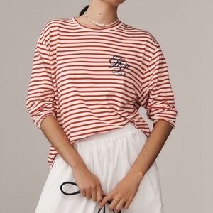 Anthropologie Daily Practice Cotton Tee Crew Neck Stripes Red White SMALL NEW